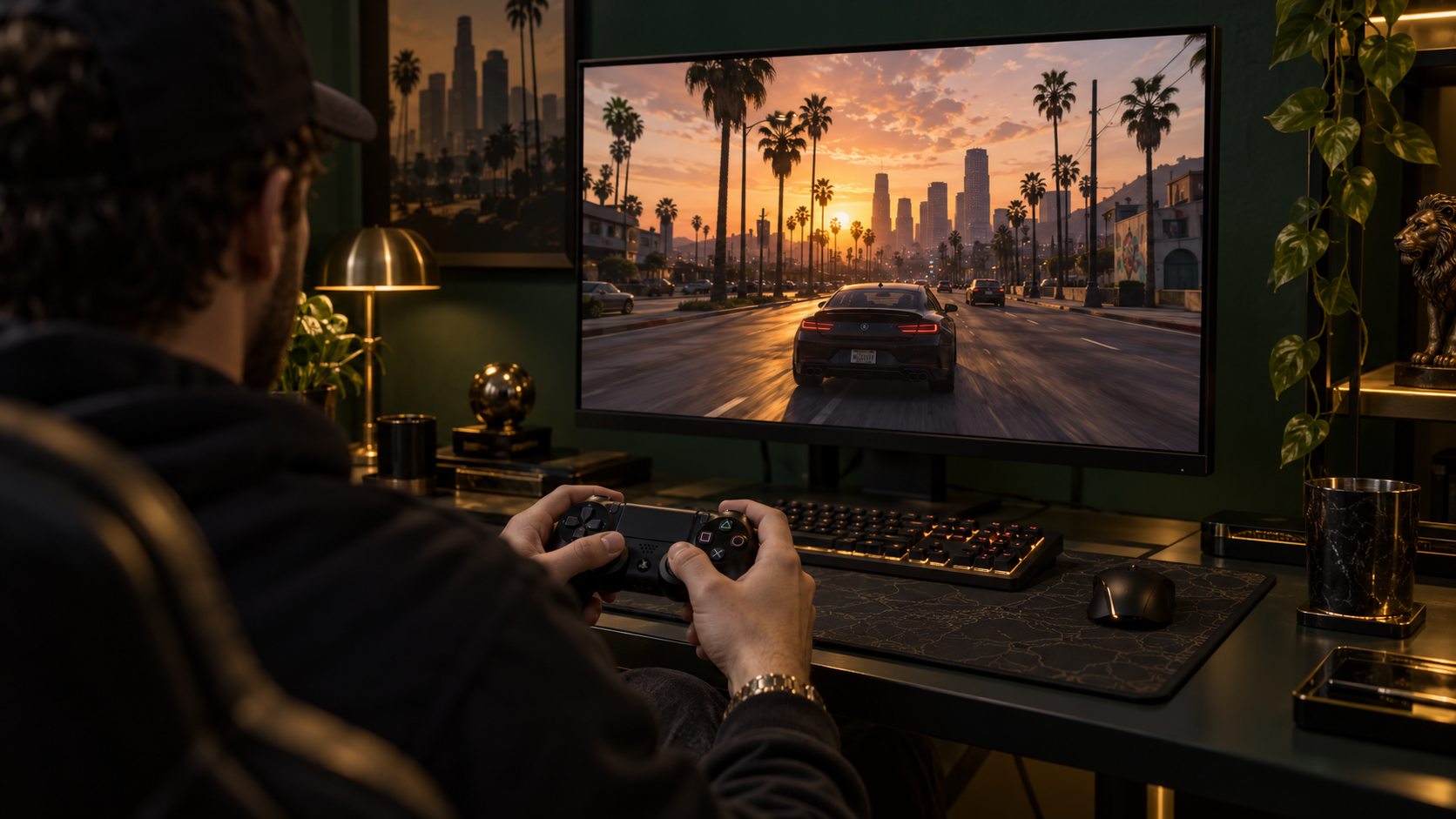 Player using a controller with a keyboard and mouse nearby
