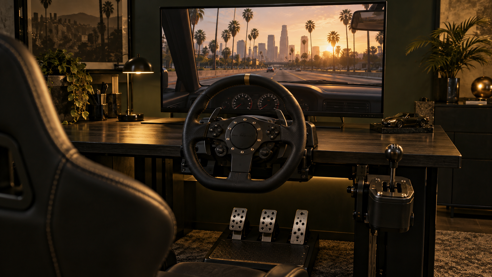 Illustration of a PC steering wheel, pedal set and gear shifter overlooking a sunset drive
